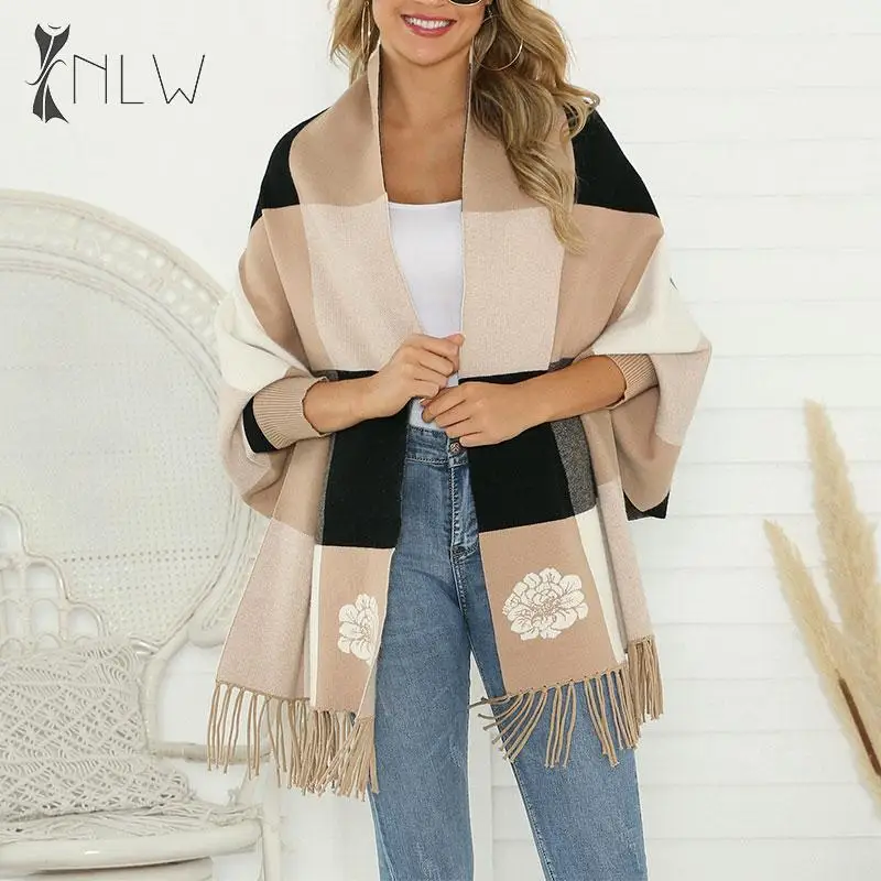 

NLW Vintage Plaid Tassel Cardigans Women Knitwear Autumn Winter Sweater Cardigans Casual Khaki High Fashion Streetwear Cardigans