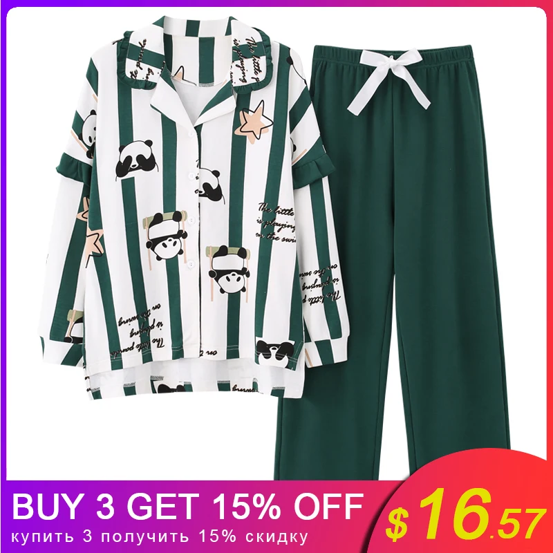 

Panda Cute Print Womens Pajamas Set Ladies Cotton Homewear Full Length Sleepwear