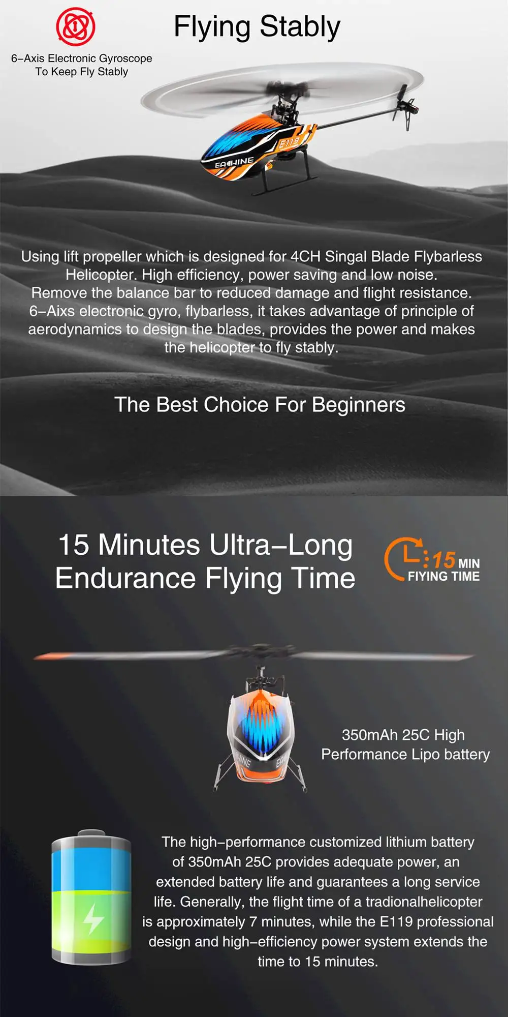 Eachine E119 2,4G 4CH 6-Axis Flybarless 4CH передатчик со светодиодный дисплей RC вертолет RTF