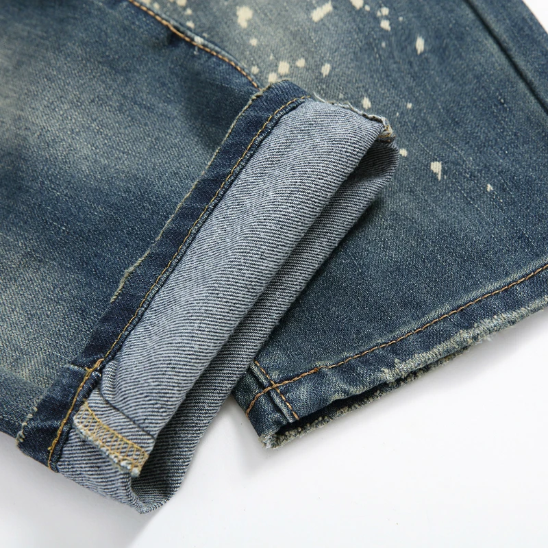 Discount Men's Jeans Retro Nostalgia Embroidered Hole Motorcycle Slim Stretch Pants Moto & Biker Full Length Skinny Jeans Distressed