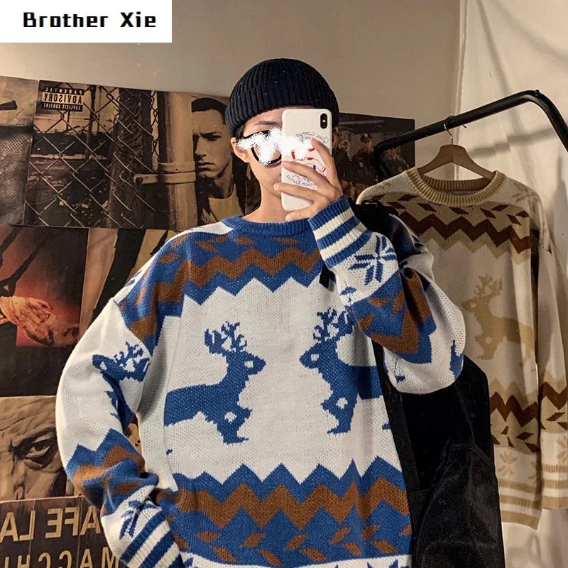 

Winter Sweater Men's Warm Fashion Print Retro Casual O-neck Sweater Pullover Man Wild Loose Long-sleeved Sweater Male Clothes