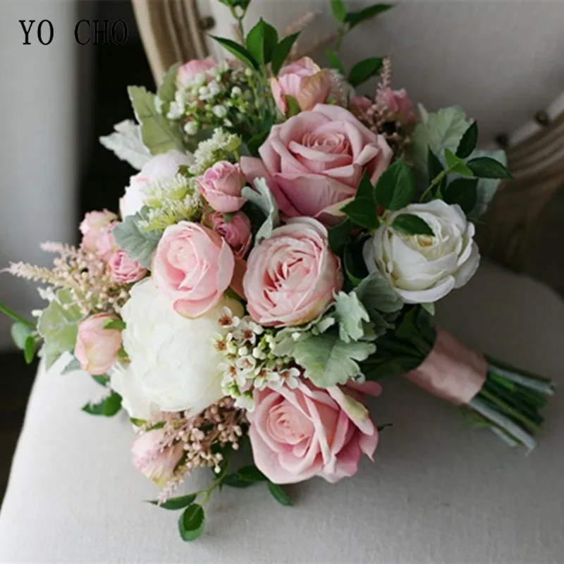 Йо Чо невесты Свадебный букет ручной работы искусственный шелк роза детское дыхание цветок розовый белый роскошный букеты свадебные принадлежности