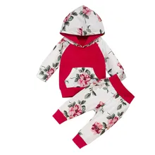 Зимний комплект одежды из 2 предметов для маленьких девочек, теплая хлопковая футболка с длинными рукавами и капюшоном с цветочным принтом для маленьких девочек и мальчиков топы и штаны, комплекты