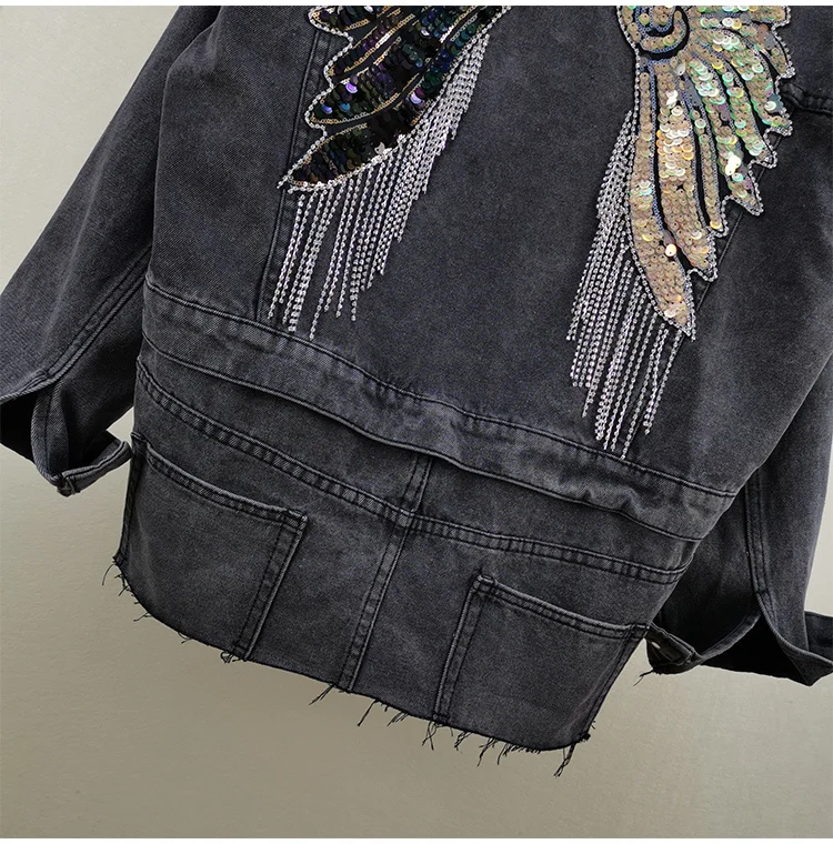 [DEAT] модный дизайн свободный воротник с лацканами сзади блестящая уличная джинсовая куртка с блестками и крыльями и кисточками для женщин AY029