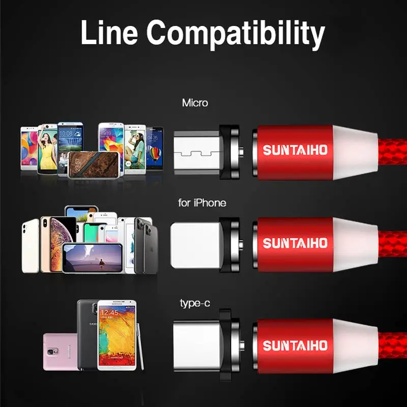 Suntaiho USB магнитная зарядка течёт светильник светодиодный Micro USB магнитный кабель Быстрая зарядка для iphone светильник ing USB Type C кабель Магнитный кабель для мобильного телефона