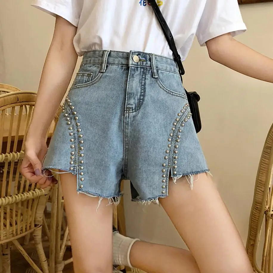 Jean Shorts Women Korean High Street Fashion Rivet High Waist Denim Shorts Female Zipper Irregular Shorts plus size 5xl q654 dickies shorts Shorts