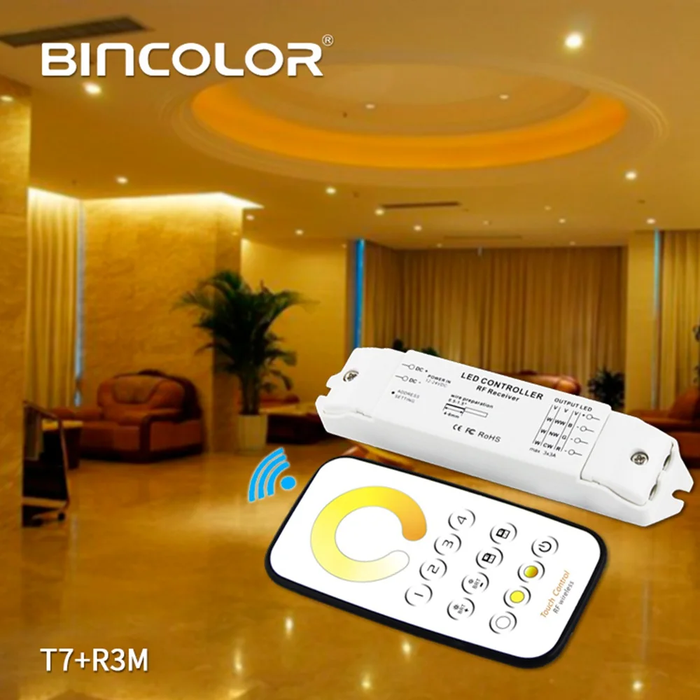 Bincolor T7+ R3M многозонный пульт управления CCT Max 3A* 3CH RF беспроводной пульт дистанционного управления с приемником для светодиодной ленты света, DC12V-24V