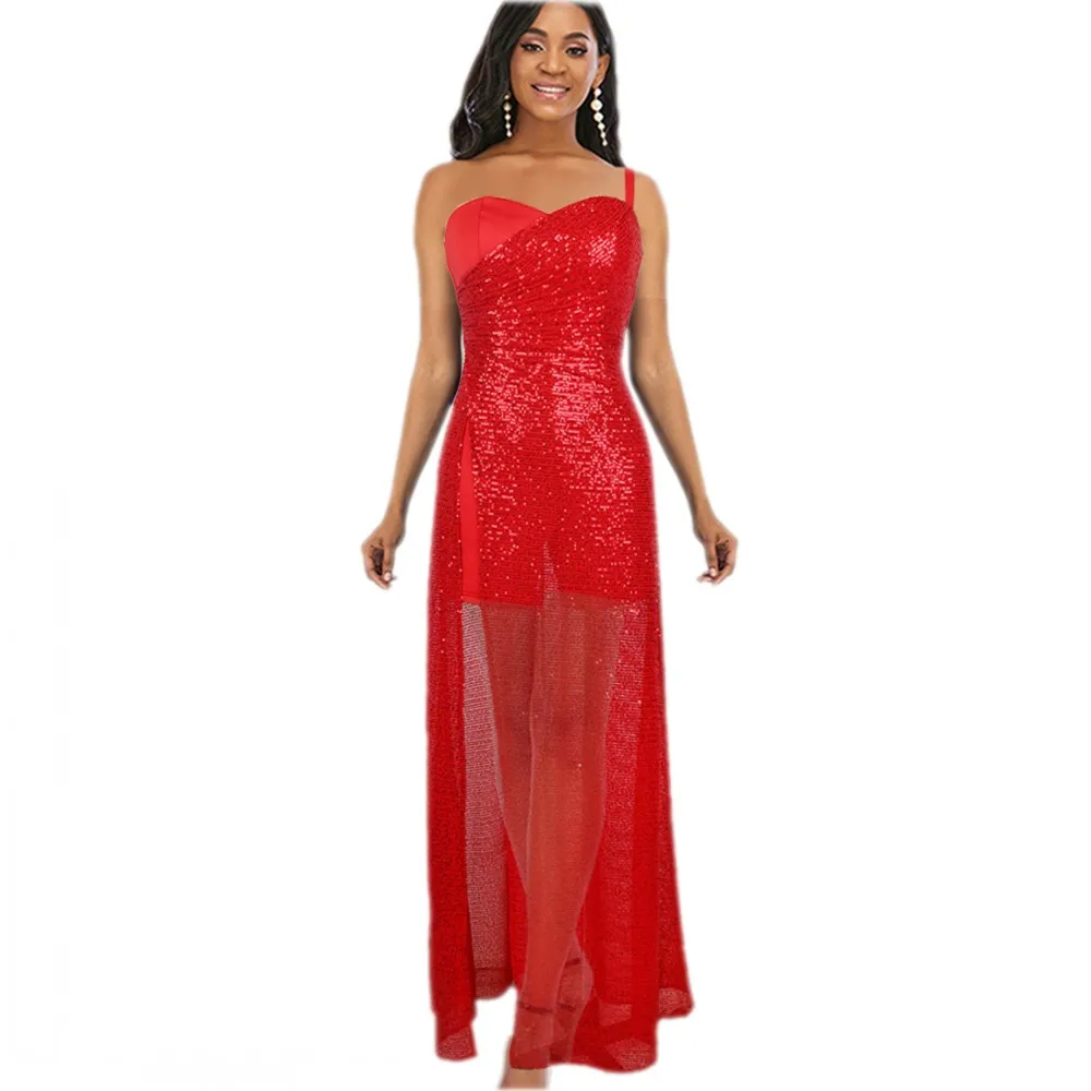 Sexy One-shoulder Halter Jumpsuit Backless High-waisted Slim Sequined Wide-leg Pants Red Slit Party Dress For Summer 2021