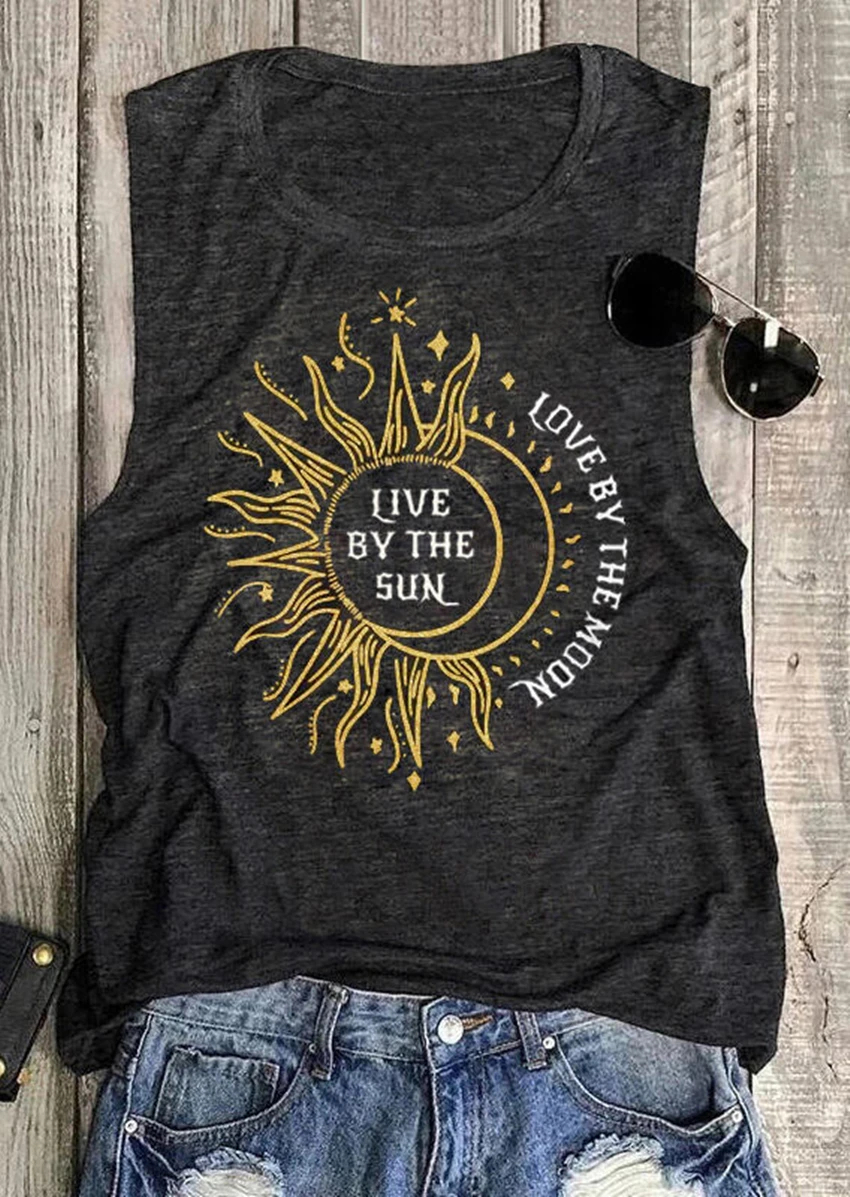 Женская майка с принтом Live By The Sun серая Повседневная футболка без рукавов круглым