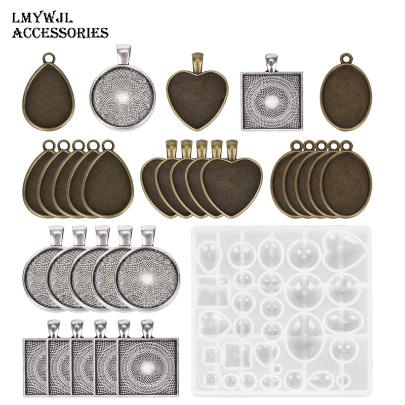 31pcs/set Time Jewelry Epoxy Mold Combination Set Round Square Love Heart Oval Alloy Base Necklace Pendant Making Material cloud heart flower shape tray silicone mold jewelry container resin casting mold