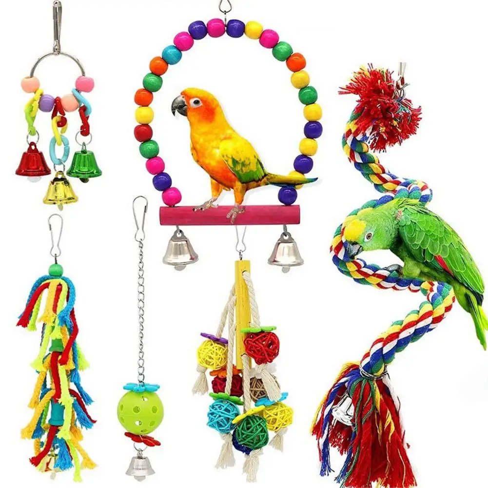 Parrot Toys Hanging Natural Wood Ring Bell Sound Decorative Cage Birds Parakeet 