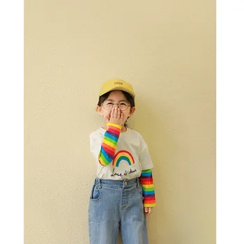 

Autumn 2020 new children long sleeve loose leisure top girls rainbow print fashion cartoon T shirt