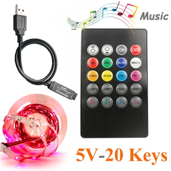 

20 Keys Mini Music Sync IR Remote LED Controller For 6A LED RGB Strip Light SMD 5050 3528 Lamp 5V USB Battery Powered IP62