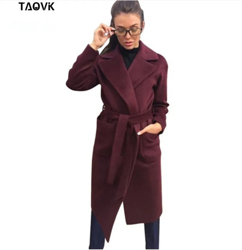 Womens Jackets Coats Blends TAOVK Wool Parka Turn-Down-Collar Belt Long Medium-Long-Belt