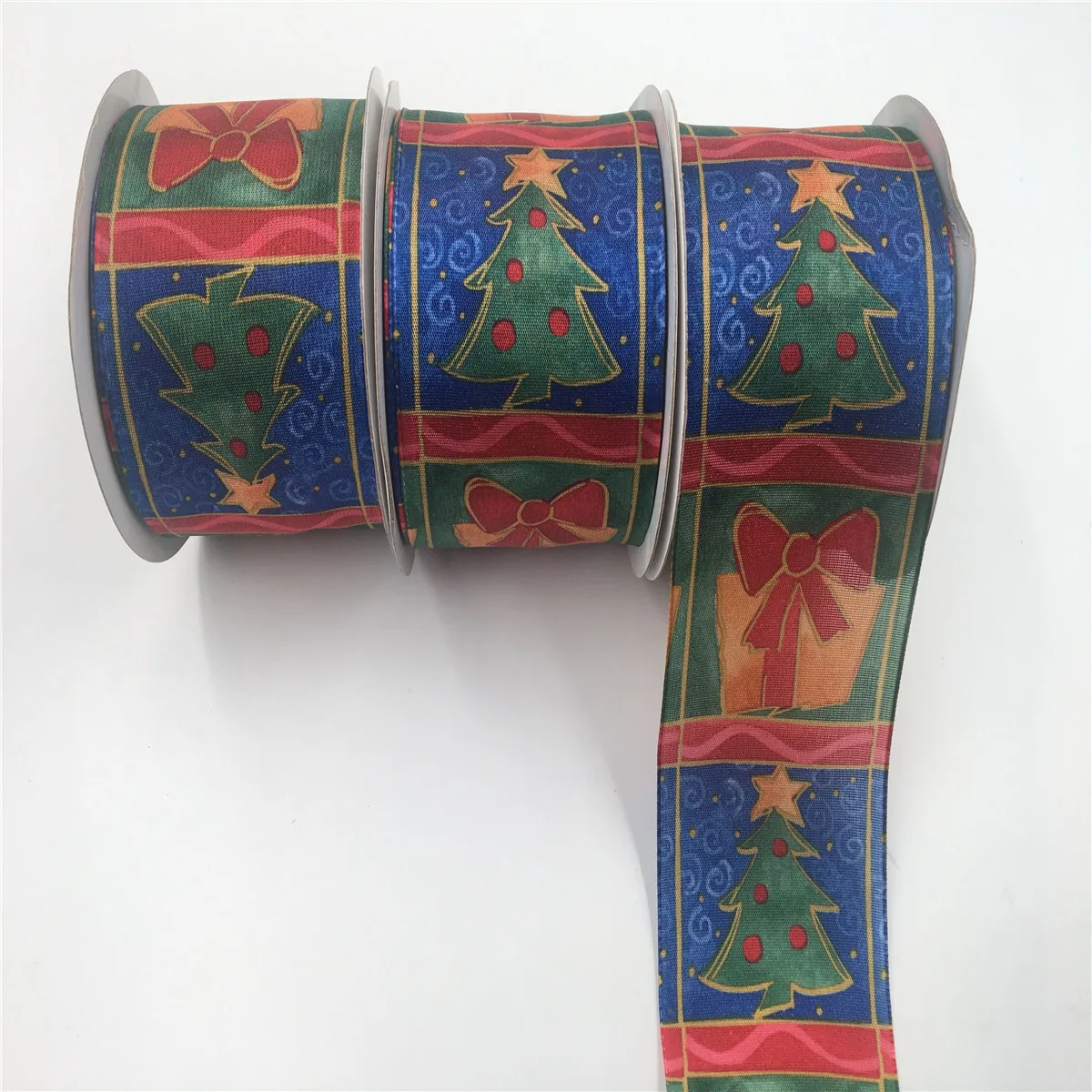 

25YARDS 63MM Wired Edge Heat Transfer Printing Christmas Tree Ribbon for Birthday Decoration Chirstmas Gift DIY Wrapping 2-1/2"