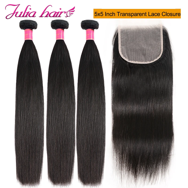 

Ali Julia Hair Transparent Lace Closure With Bundles Brazilian Straight Human Hair 3 Or 4 Bundles With Closure 5*5 Inch Remy