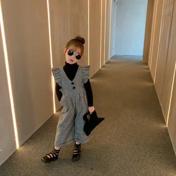 

90-140 Cm Autumn Girls Fashion Overall Plaid Pant Baby Kids Children Cool Cotton Toursers