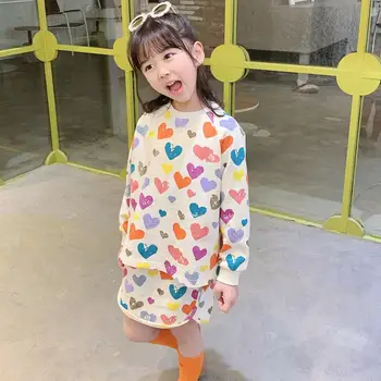 

kids clothes set candy color heart pattern full printed girls 2020 spring autumn clothing set pullover sweatshirt +skirt