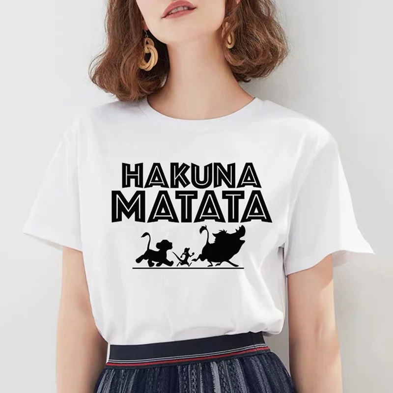W225-White Модные женские футболки Hakuna Matata Kawaii с принтом, футболка с героями мультфильмов, большие размеры, милые топы, свободные белые футболки с круглым вырезом - Цвет: W225-White