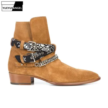

Luxury Designer Western Boots Men Pointed Metal Buckle Platform Ankle Boots Winter Shoes Runway Fashion Thick Heel Chelsea Boots