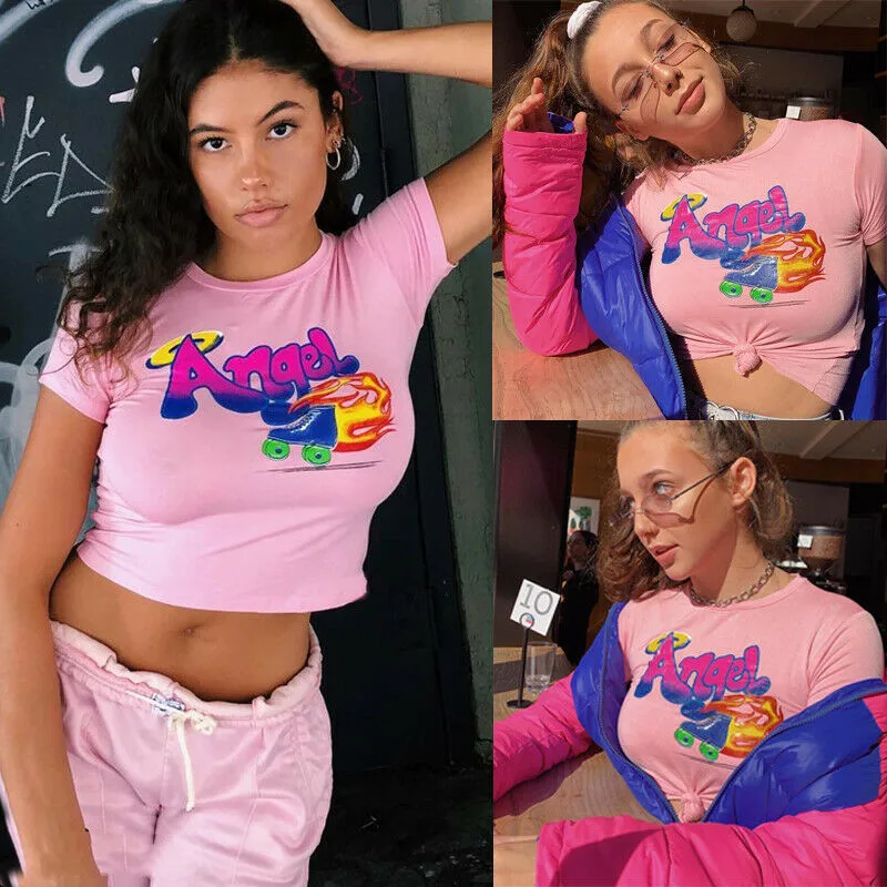 

2019 Women Angel Letter Print T-Shirts Summer Short Sleeve Crop Tops Sweety Girls Slim Tees Casual Dance Fitness Knot Short Tops