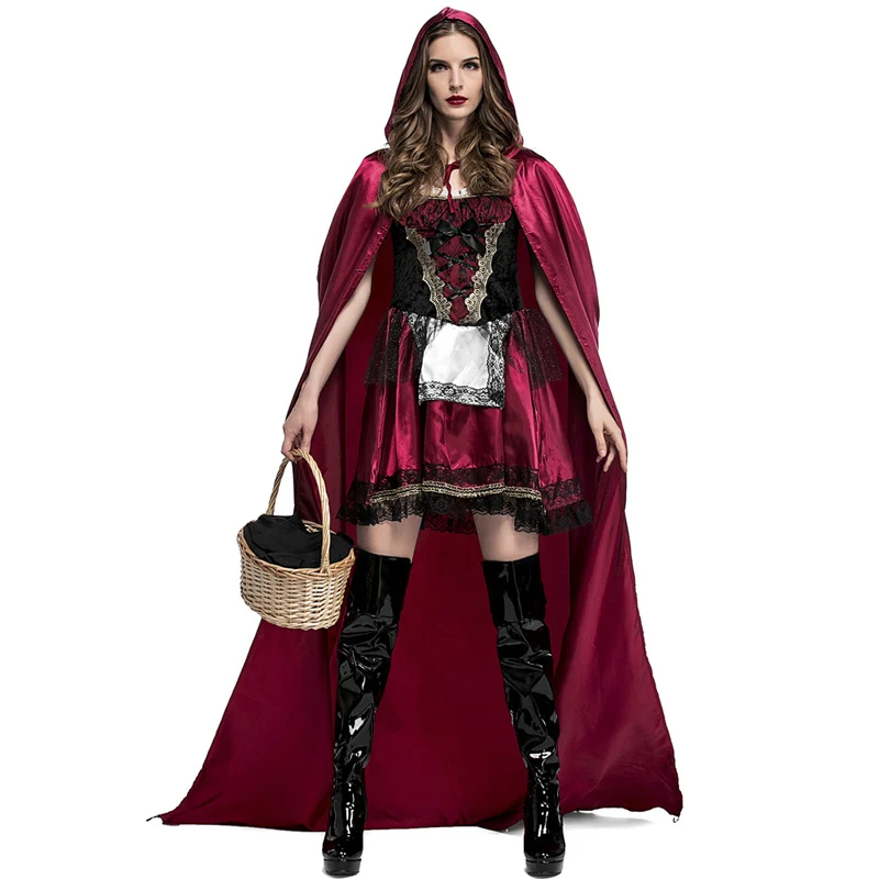 

Dress Long Cape Set Little Red Riding Hood Costume Halloween Fantasia Performance Fairy Tale Cosplay Fancy Dress