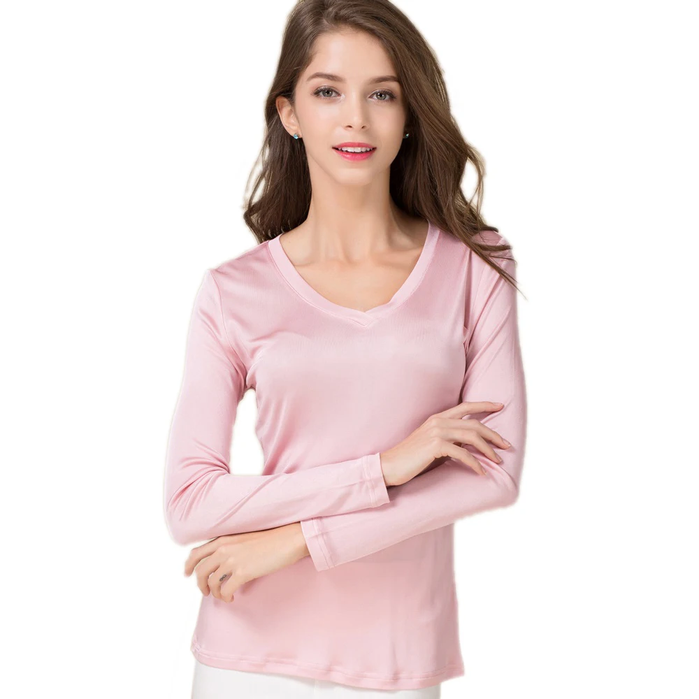 100% Pure Silk Women V Full Sleeve T-Shirts 
