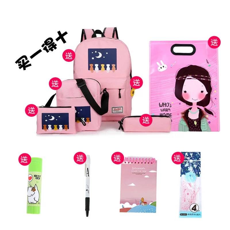

New Style WOMEN'S Bag-Style Five-Piece Backpack Simple Cat Printed Canvas Schoolbag