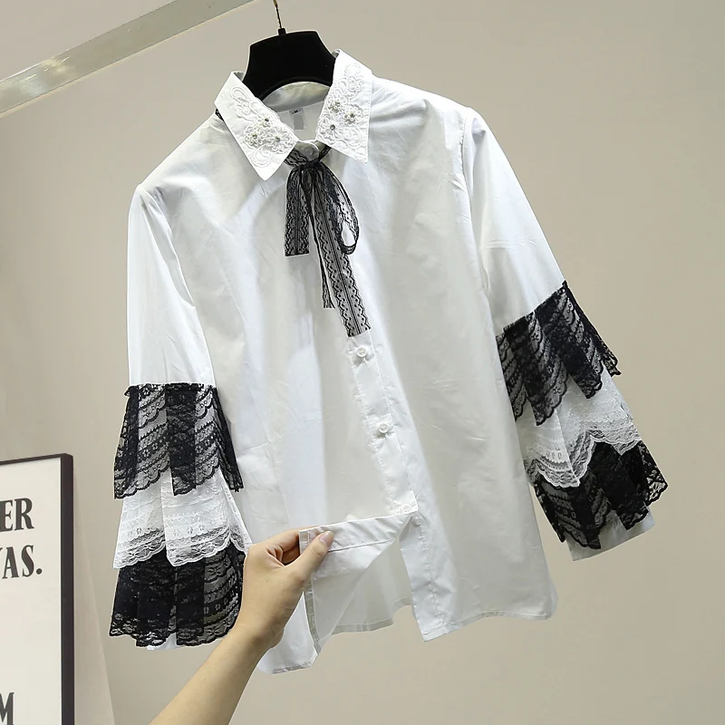 

Women Autumn Top Handmade Beaded Lapel Fashion Lace Contrasting Color Panel Bell Sleeve Shirt Korean Style Blouse Lady Blusa Top
