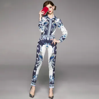

New Fashion 2020 Spring Autumn Runway Suit Set Elegant Women Blue Flower Printed Outfits Blouse and Long Pants Suit 2-Pieces Set