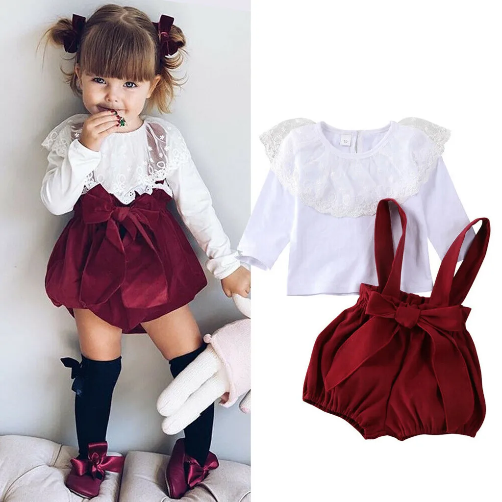

Newborn Infant Baby Girl Clothes Set Long Sleeve Solid Lace Tops Tee Shirts Straps Shorts Outfits Set My Frist Christmas