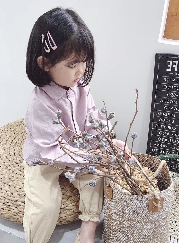 Милые однотонные рубашки с длинными рукавами в Корейском стиле для девочек Повседневная рубашка 2 цветов для детей 2-6 лет