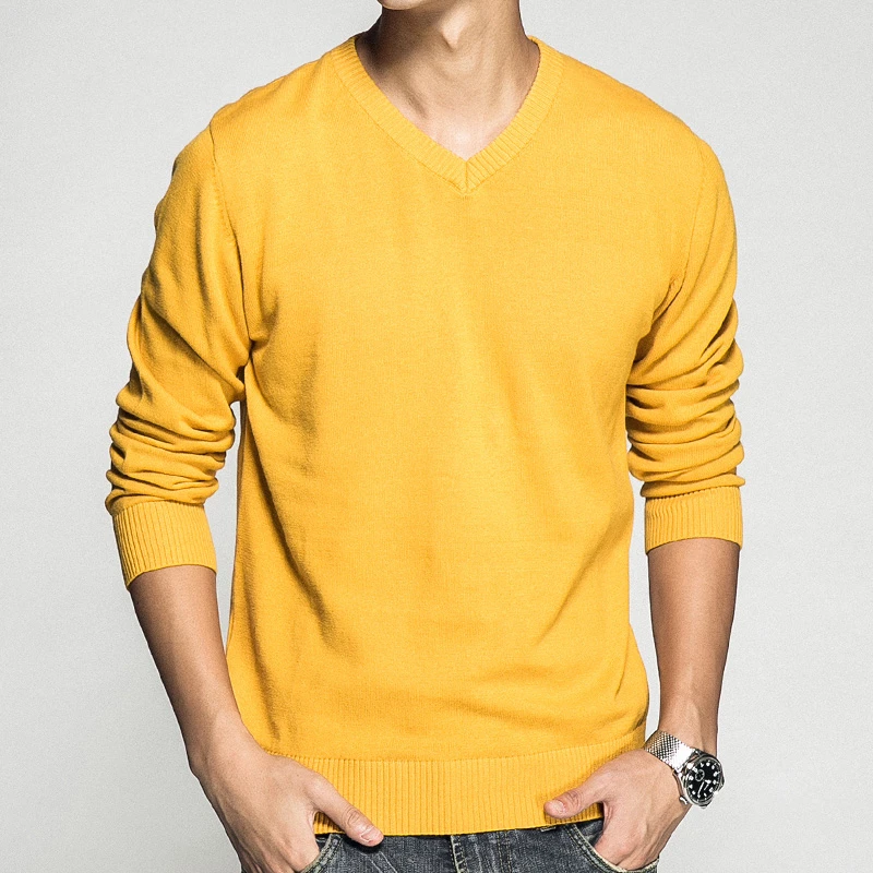 Мужской пуловер с v-образным вырезом, хлопок, Однотонный свитер, осень и зима, Повседневный свитер с длинными рукавами для мужчин M-3XL - Цвет: yellow
