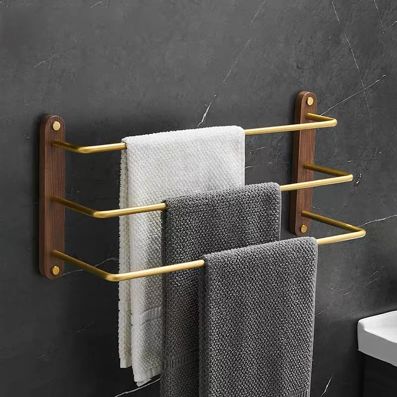 Black walnut bathroom towel hanger Bath towel rack multistory shelf wood rod aluminium alloy shelf brushed gold