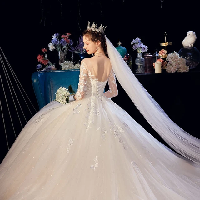 HLF40 New Applique Wedding Dresses Long Sleeves Suitable For Girls Strapless Floral Print Brides Vestidos Para Bodas 4