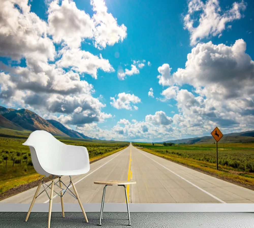 

Drop Shipping Custom 3d Wallpaper Blue Sky Clouds Prairie Highway Background Wall Blue Sky White Clouds Living Room HD Mural