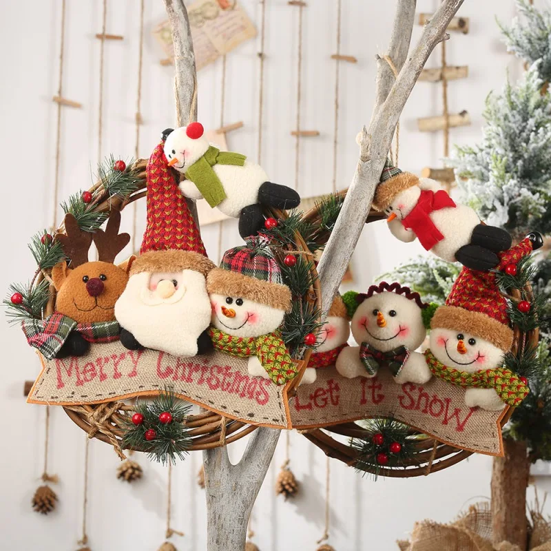 Ротанговый Рождественский венок с 4 плюшевыми куклами Передняя гирлянда для двери праздничные подвески, подвесные украшения для рождественской вечеринки Настенный декор