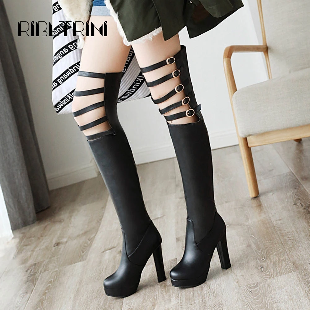 

RIBETRINI Party Princess Over Knee Boots Women Sexy Square High Heels Round Toe Platform Shoes Woman Buckle Belt Knight Boots