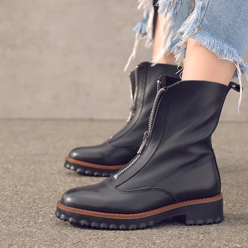 New Natural Genuine Leather Boots Women Metal Round Toe Ladies Ankle Boots for Women Square Heels Spring Autumn Shoes