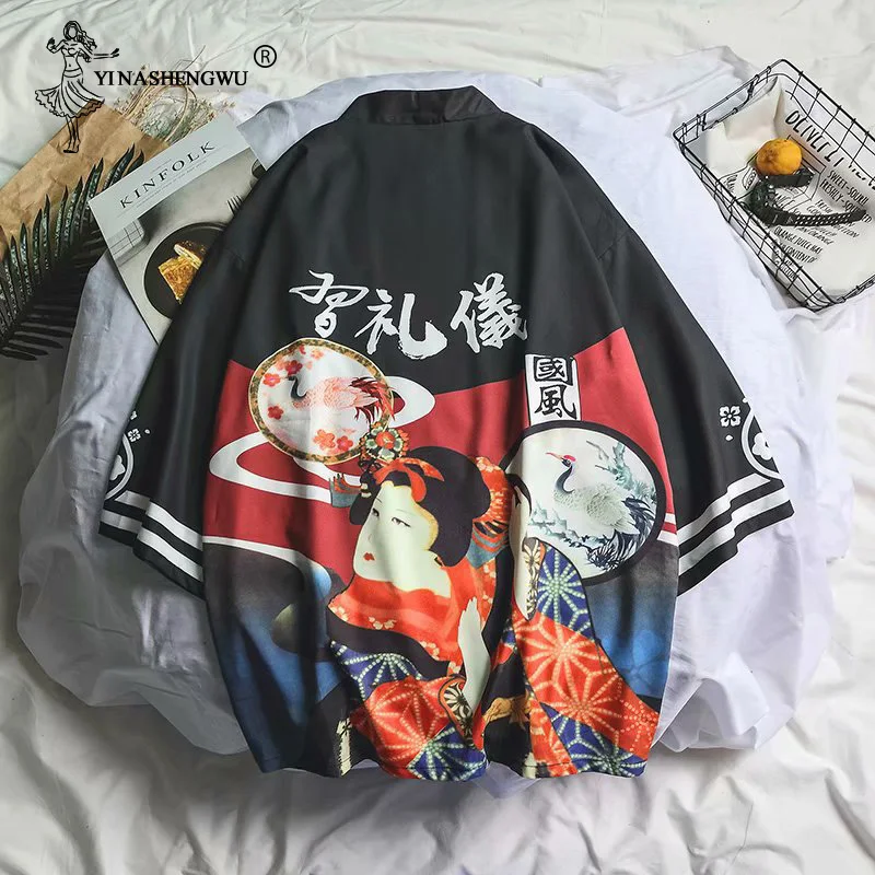 Для женщин японский Harajuku Кимоно Одежда для пребывания на открытом воздухе, японское кимоно, кардиган юката кимоно гейши Оби рубашка куртка шифоновая
