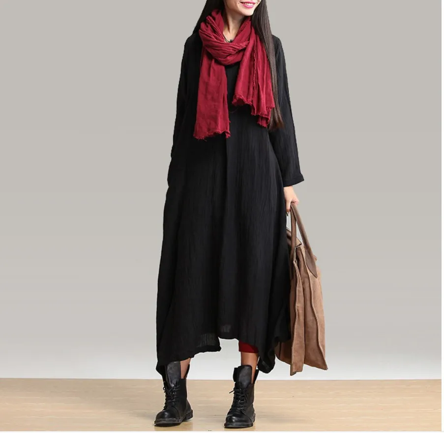 

New Style Cotton Linen Literature And Art Texture Long Skirts Loose And Plus-sized Solid Color Robe Children Casual