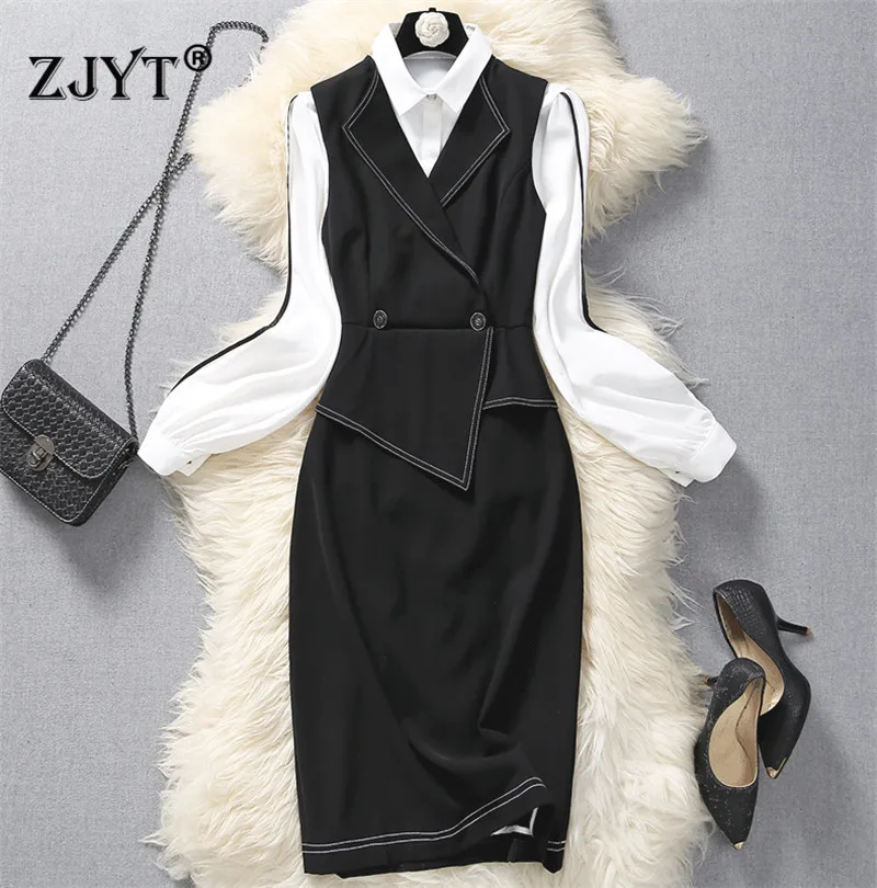

Elegant Office Lady Spring Dress 2020 New Women's Fashion Long Sleeve White Blouse and Dress 2piece Set