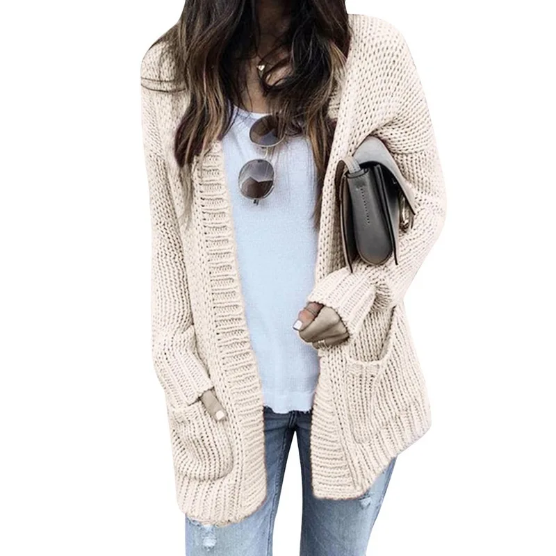 Beige Style 2 Новинка, хлопковый однотонный Кардиган с длинным рукавом, вязаный свитер для женщин, открытый стежок, Повседневные свитера для женщин, Invierno, Свободный кардиган Mujer - Цвет: Beige Style 2