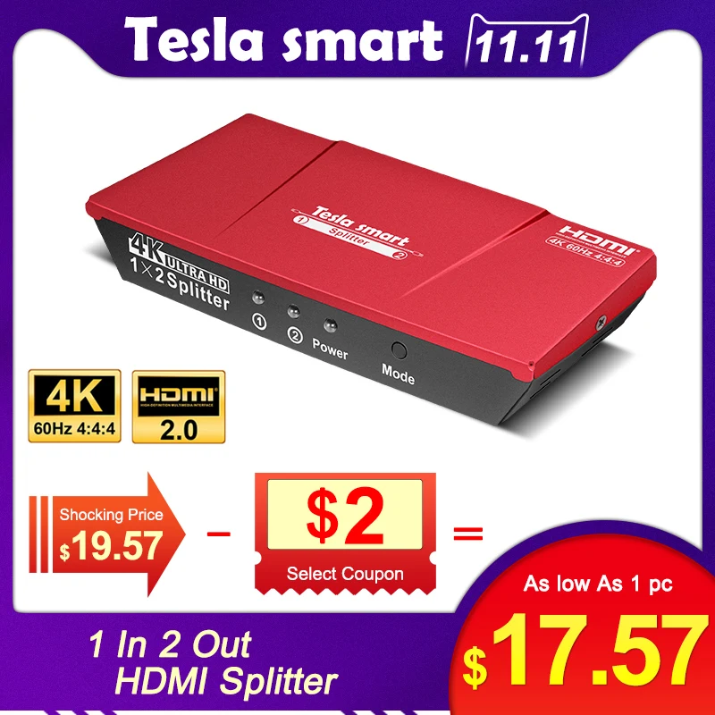 Тесла умный HDMI 4K @ 60Hz 4 K (3840*2160) при 60 Гц 1080 P 2 Порты и разъёмы HDMI Splitter 1x2 с Мощность адаптер HDMI HDTV DVD PS3 Xbox красный