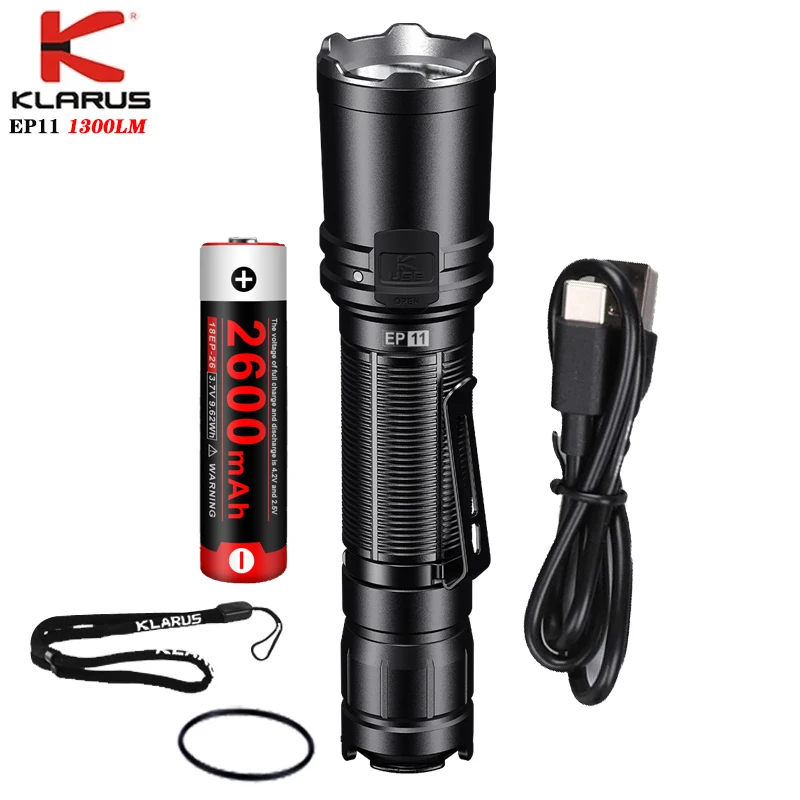 

KLARUS EP11 Tactical Flashlight SST-40 LED Max 1300 Lumens Beam range 300M Rechargeable Torch With 2600mAh 18650 battery