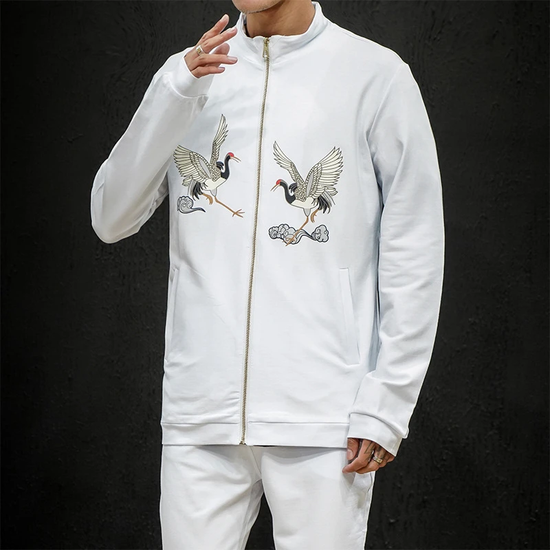 Mens Japanese Pattern Embroidery Tracksuit Jacket Sweatpants Sportswear Crane 