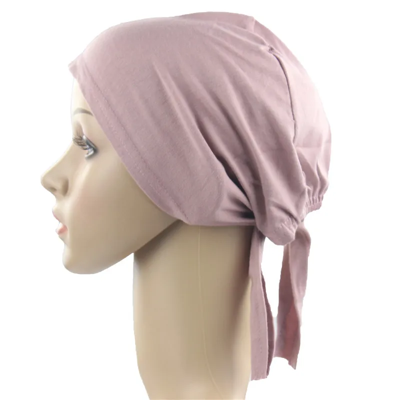 Мусульманский женский шарф хиджаб шапка головной убор мягкий хлопок с поясом противоскользящая - Цвет: Light Pink