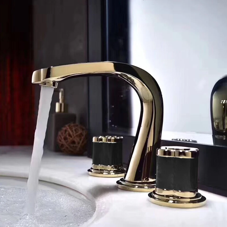 

Bathroom Sink Faucet Basin Faucets Brass Gold Paint 3 Holes Double Handle Luxury Bathbasin Bathtub Taps Hot and Cold Mixer Water