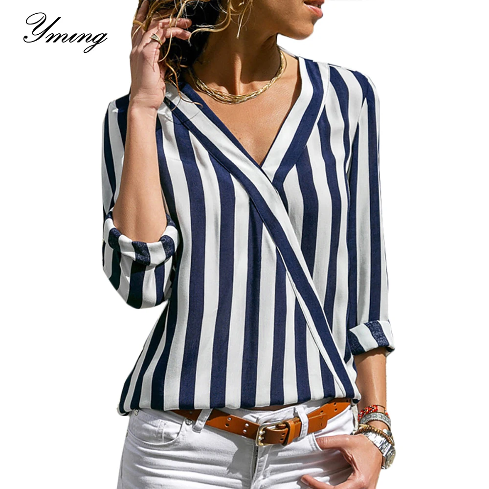 

Yming Striped Printed Boho Chiffon Women Blouse V-Neck Office Ladies Tops Long Sleeve Casual Shirt Blusas Mujer de Moda 2019