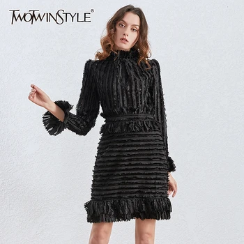 

TWOTWINSTYLE Ruched Print Dresses Female Stand Collar Flare Long Sleeve High Waist Ruffles Dress Women Fashion 2020 Clothing New